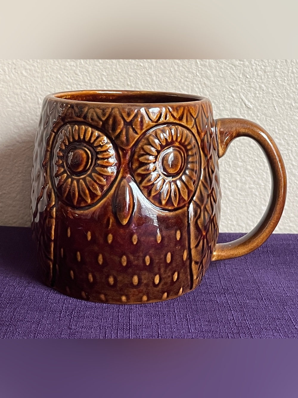West Elm Owl Mug Brown Embossed Ceramic Coffee Cup Rustic Woodland